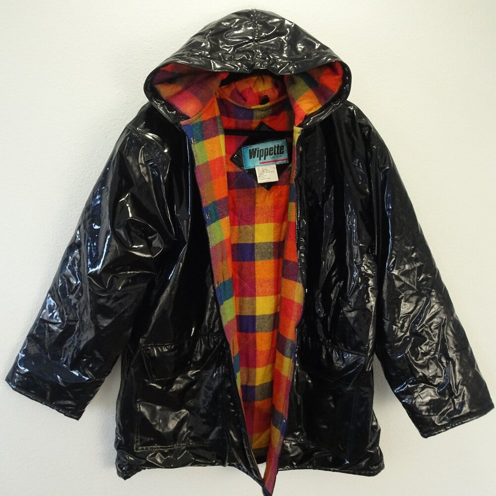 Vintage Wippette Women's Raincoat Shiny Black Finish Rainbow Plaid Lined